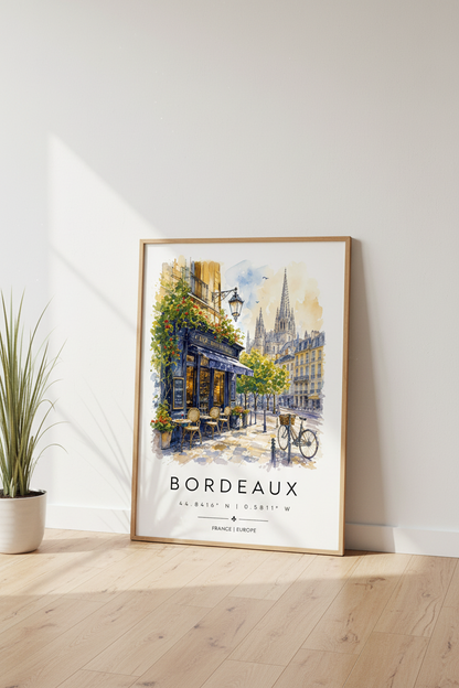 Bordeaux France Cafe Watercolor Art | French Street Scene, European Travel Poster