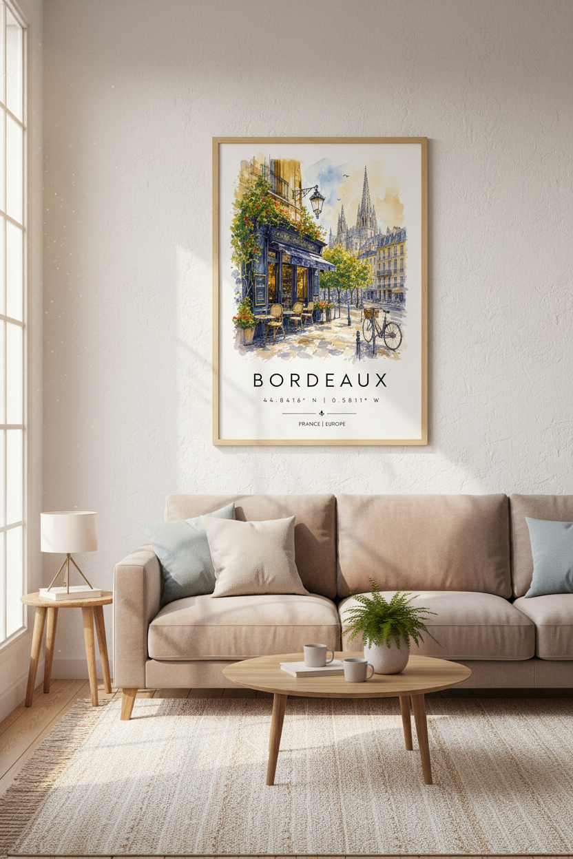 Bordeaux France Cafe Watercolor Art | French Street Scene, European Travel Poster