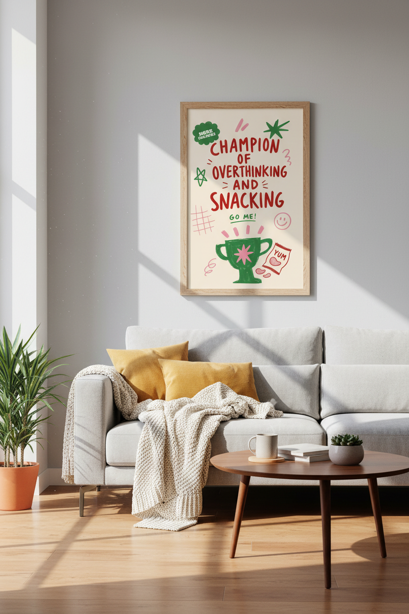 Champion of Overthinking &amp; Snacking Art | Kitchen Decor | Funny Hand-Drawn Poster