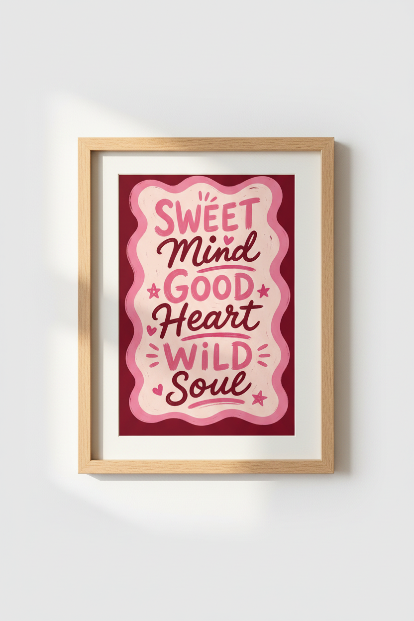 Pink Retro Quote Wall Art | Preppy Pink Aesthetic Decor | Sweet Mind Wild Soul Poster