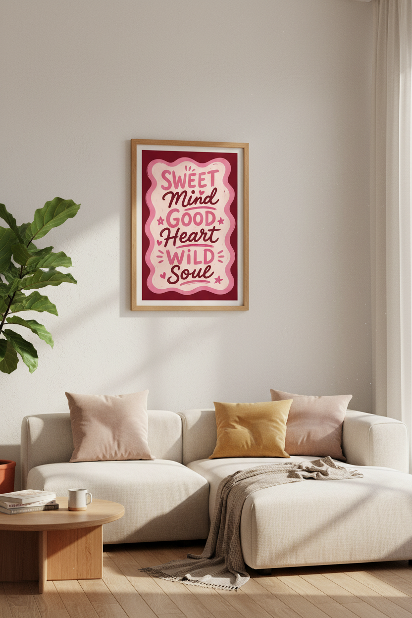 Pink Retro Quote Wall Art | Preppy Pink Aesthetic Decor | Sweet Mind Wild Soul Poster