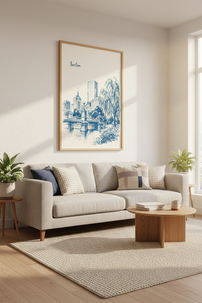Boston Skyline Print | Blue Sketch Architectural Art, Cityscape Office Decor