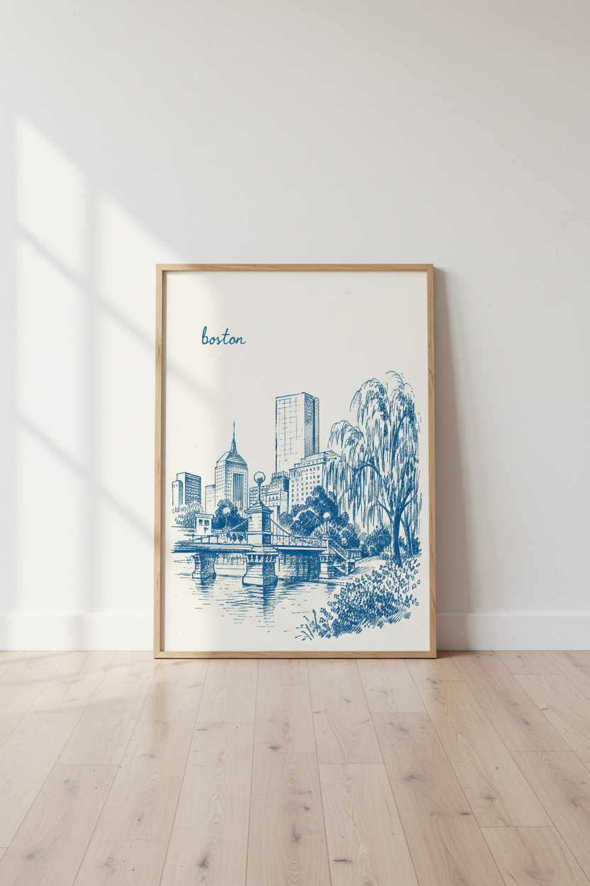 Boston Skyline Print | Blue Sketch Architectural Art, Cityscape Office Decor