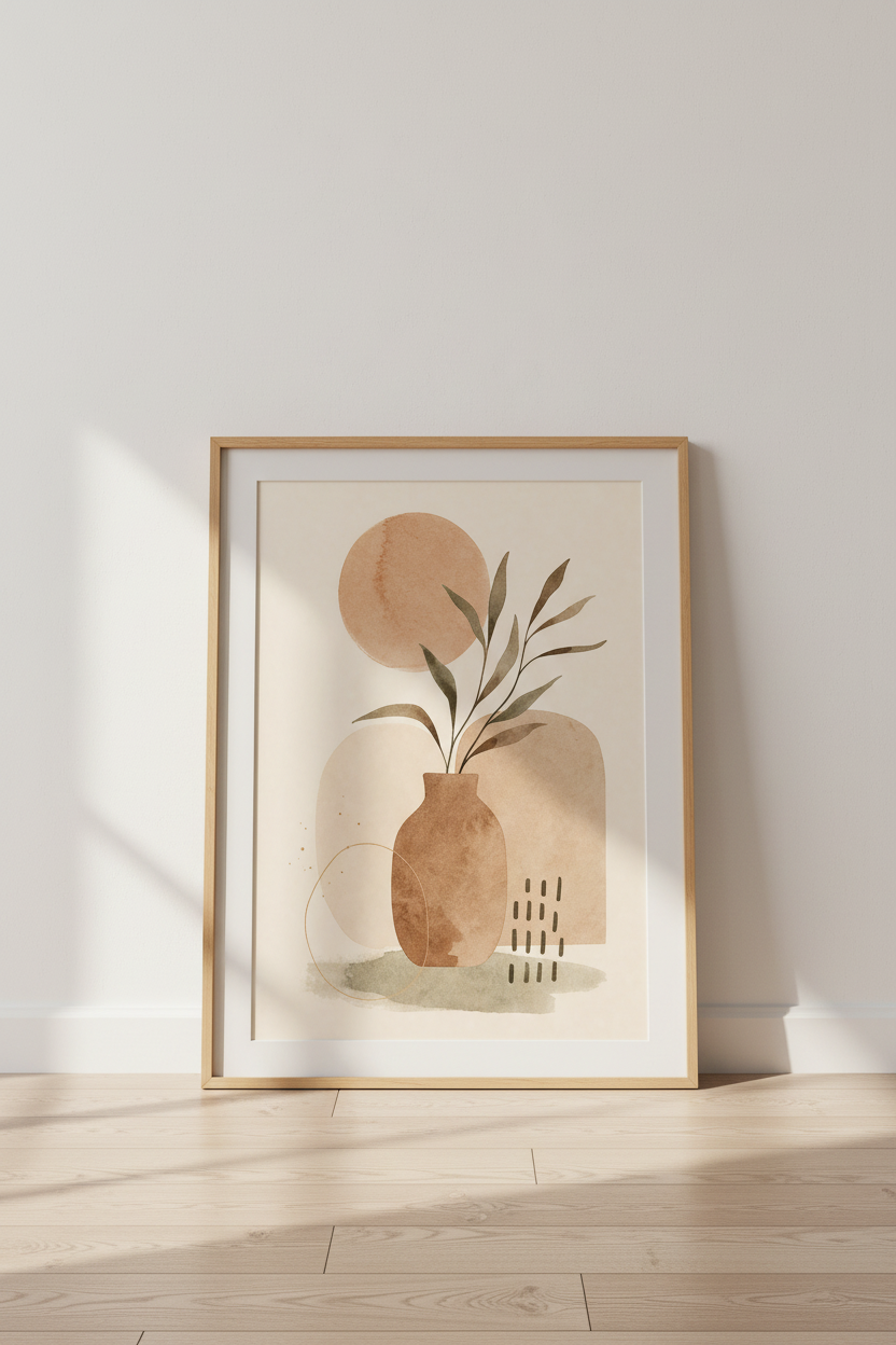 Abstract Boho Botanical Vase Wall Art Print | Neutral Earth Tones | Japandi Modern Decor