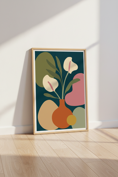 Abstract Floral Vase Wall Art | Teal &amp; Terracotta Botanical Print, Modern Boho Decor