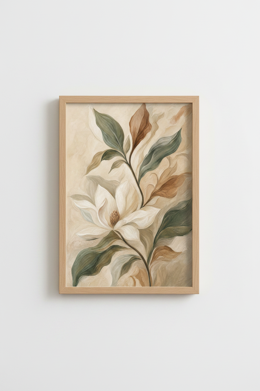 Botanical Wall Art | Soft Beige Magnolia, Living Room Decor