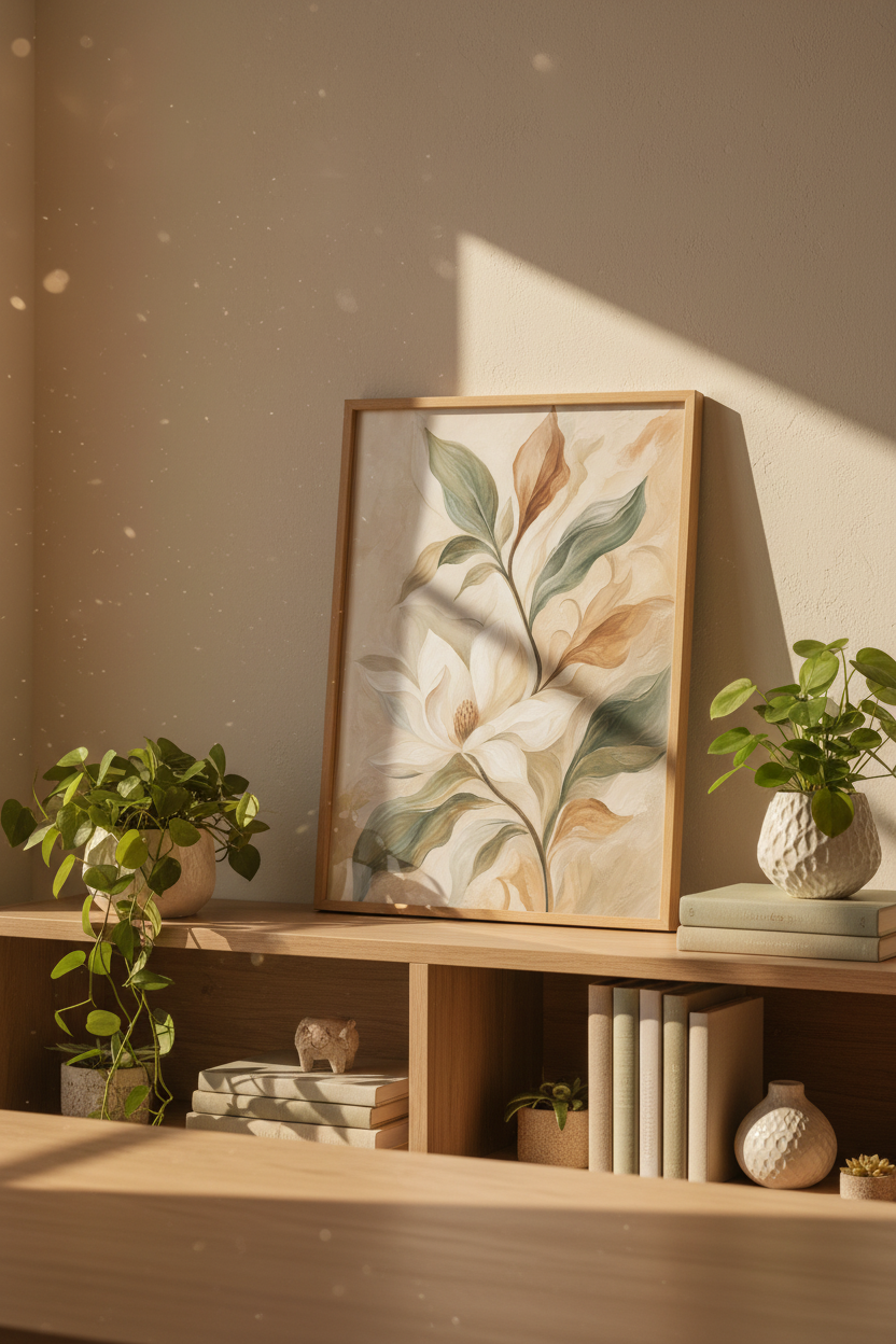 Botanical Wall Art | Soft Beige Magnolia, Living Room Decor