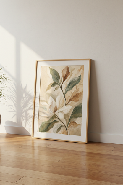 Botanical Wall Art | Soft Beige Magnolia, Living Room Decor