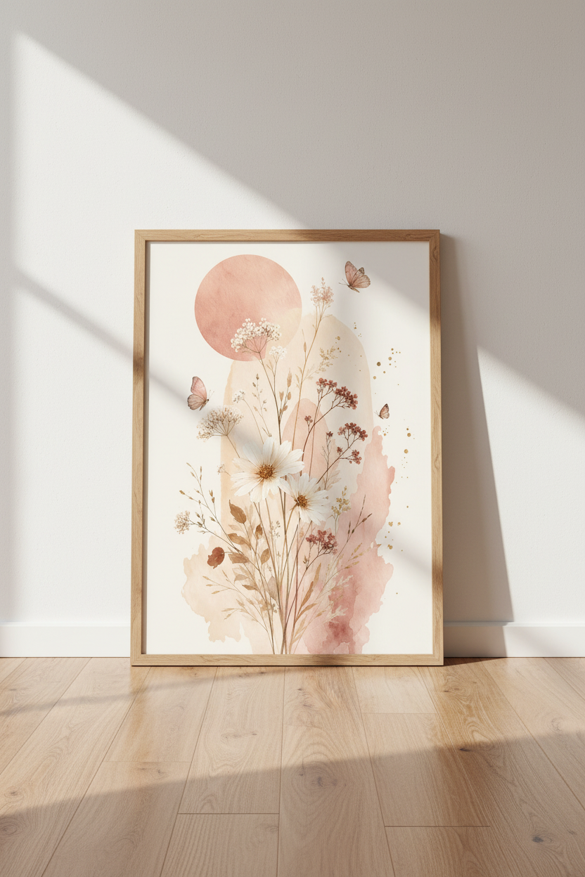 Boho Floral Watercolor Print | Blush Pink Daisy Wall Art, Neutral Nursery Poster
