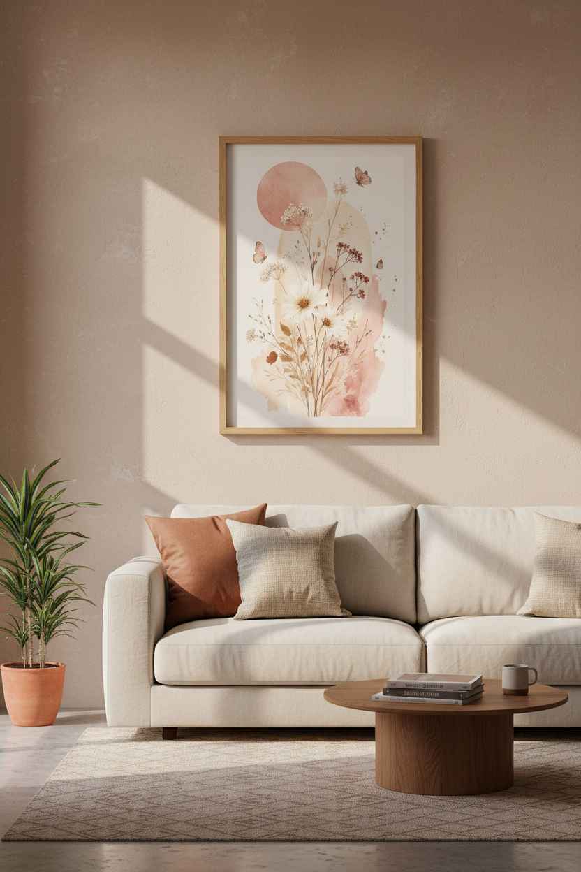 Boho Floral Watercolor Print | Blush Pink Daisy Wall Art, Neutral Nursery Poster