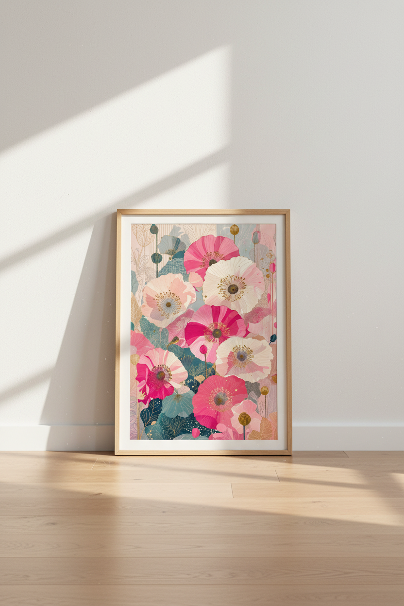 Japanese Pink Poppy Wall Art | Teal Floral Botanical Print | Modern Living Room Decor
