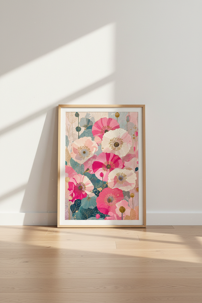 Japanese Pink Poppy Wall Art | Teal Floral Botanical Print | Modern Living Room Decor