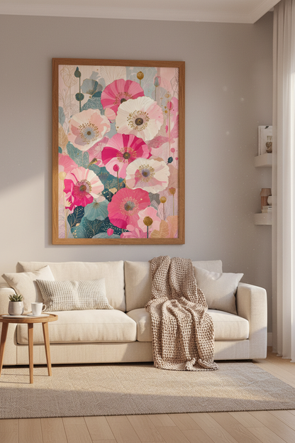 Japanese Pink Poppy Wall Art | Teal Floral Botanical Print | Modern Living Room Decor