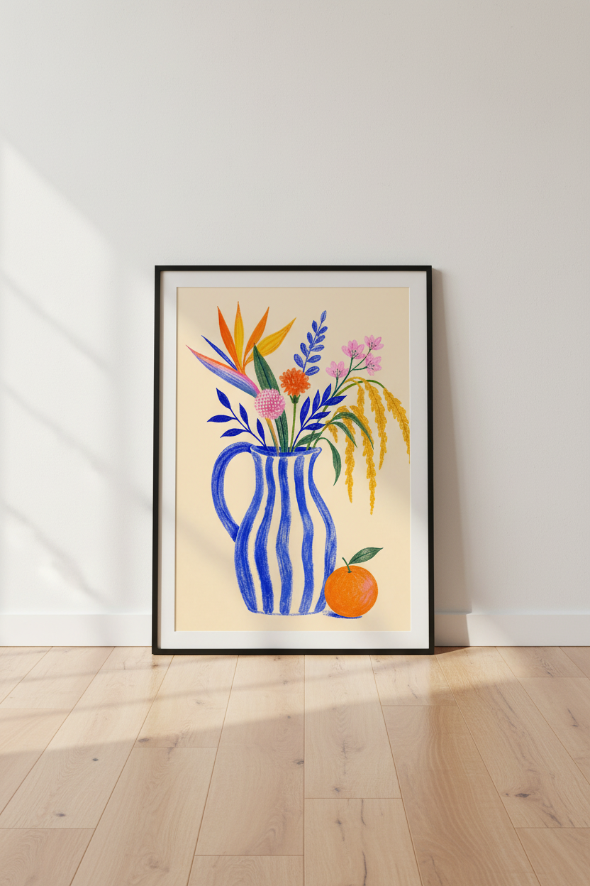 Bold Floral Poster | Colorful Vase Art, Living Room Decor