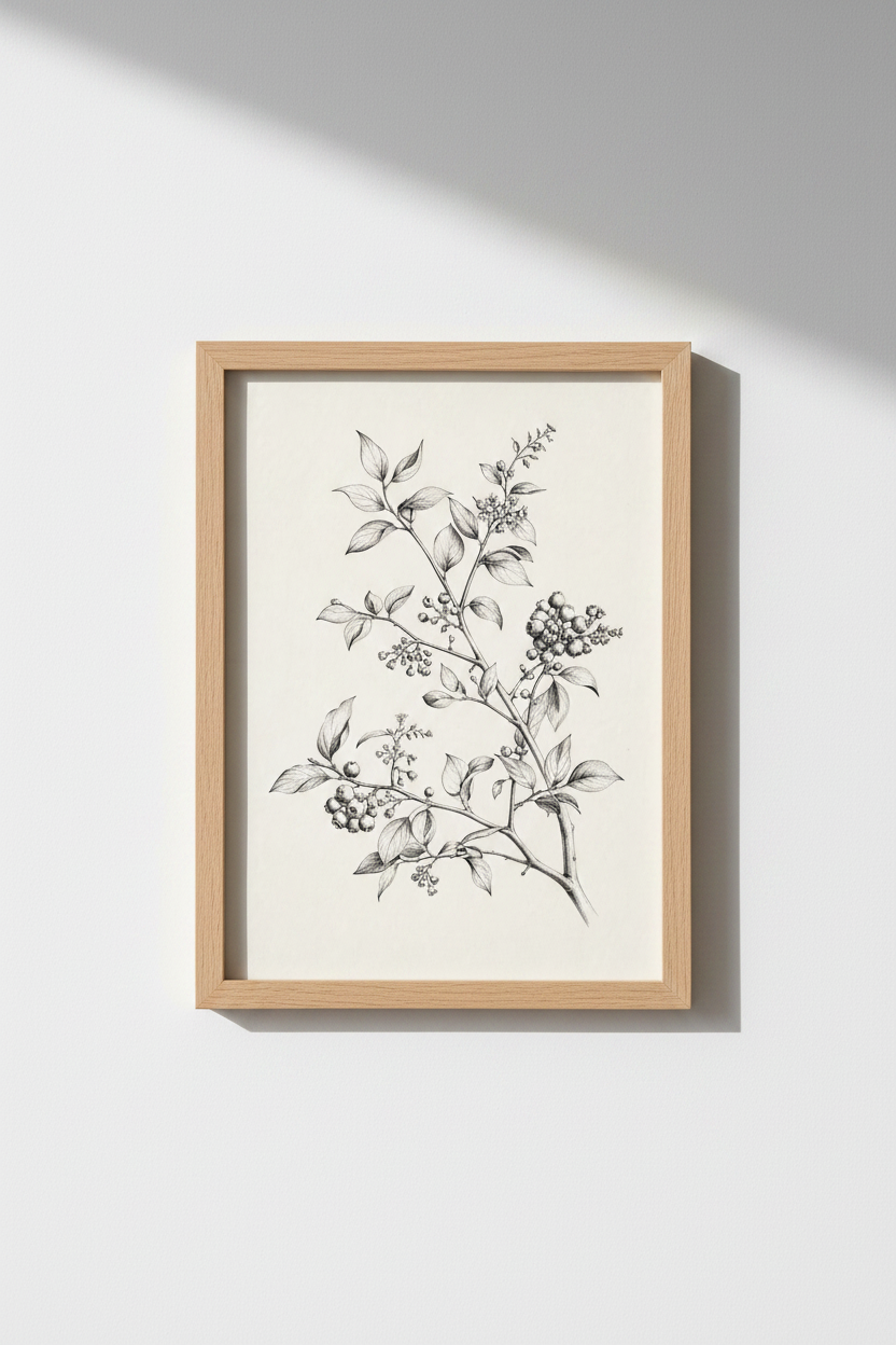 Botanical Wall Art Print | Vintage Ink Sketch, Beige Backdrop, Living Room Decor