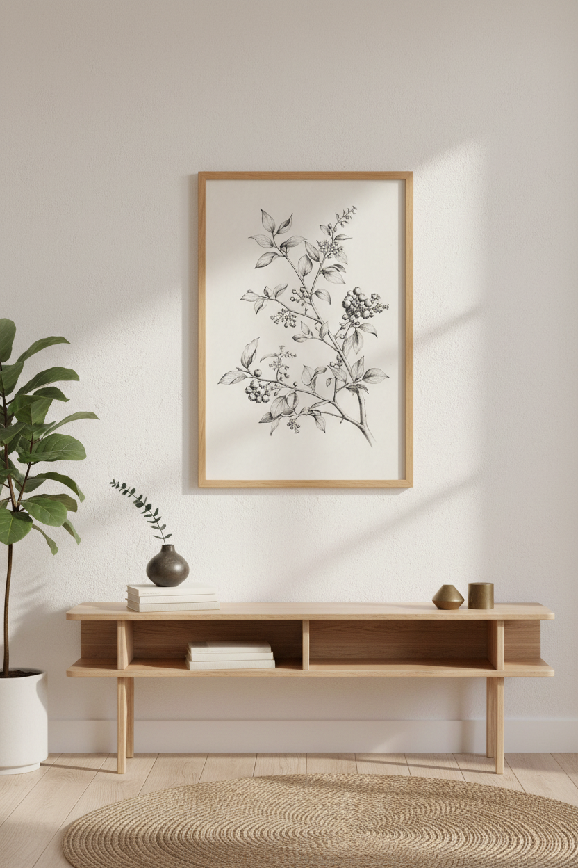 Botanical Wall Art Print | Vintage Ink Sketch, Beige Backdrop, Living Room Decor