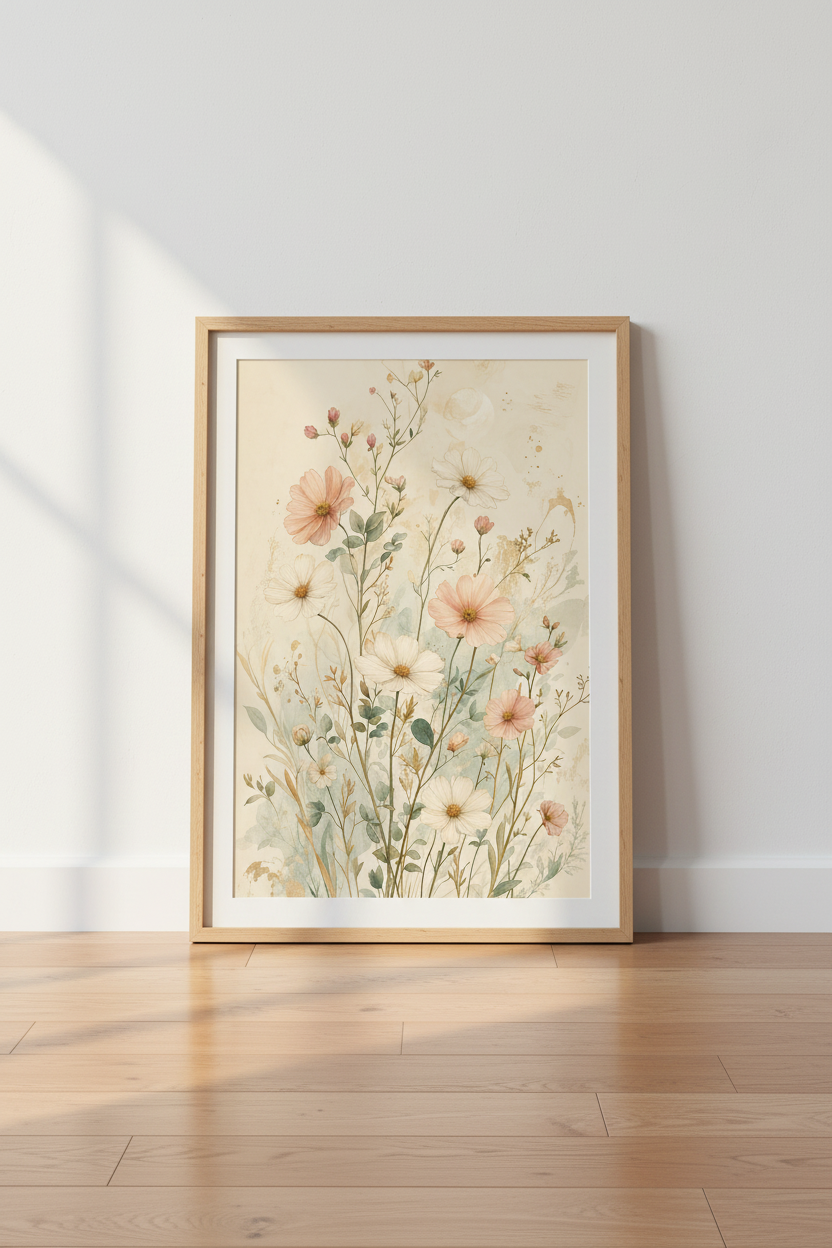 Wildflower Meadow Wall Art | Blush Pink Botanical Prints | Cottagecore Poster