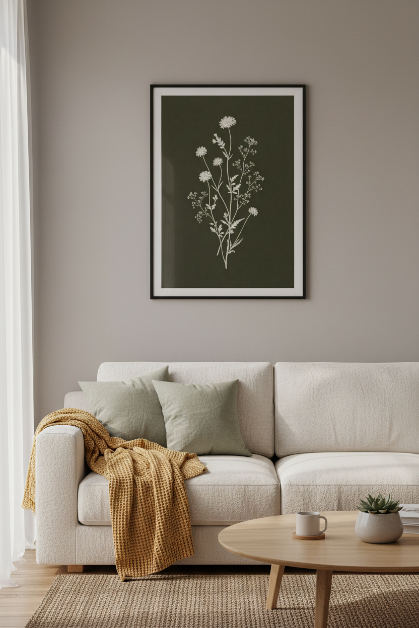 Wildflower Botanical Wall Art | Moody Green Vintage Print, Modern Farmhouse Decor