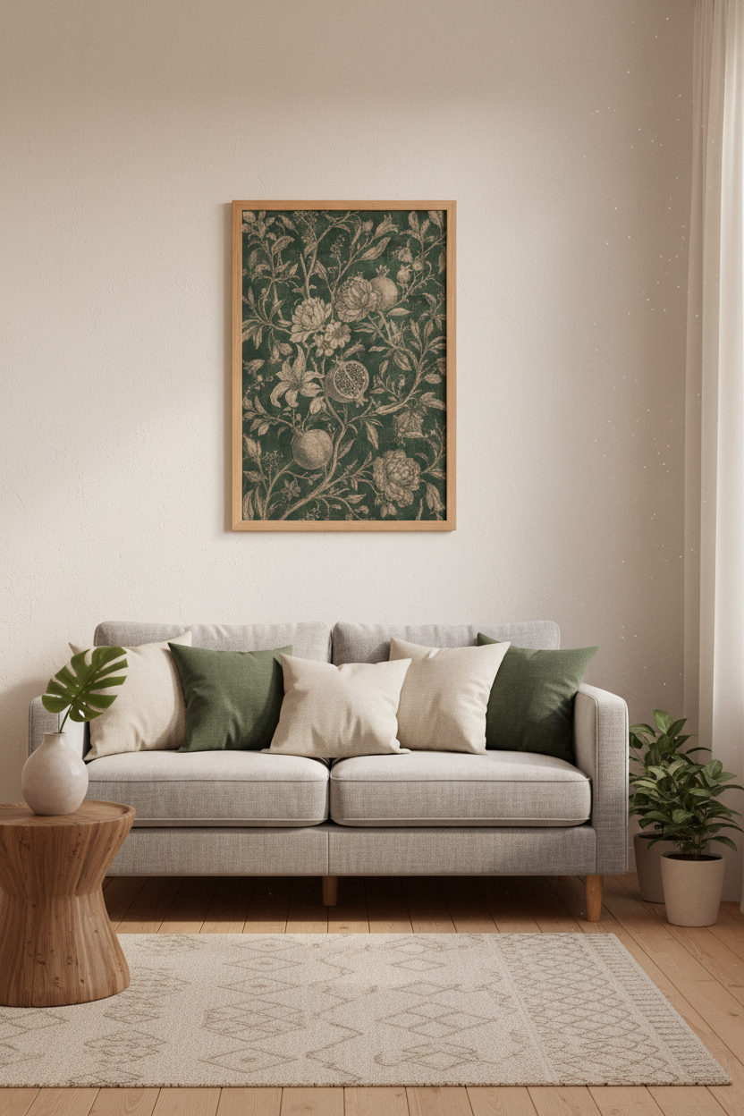 Dark Green Pomegranate Floral Wall Art | Vintage Botanical Decor | Dark Academia Poster