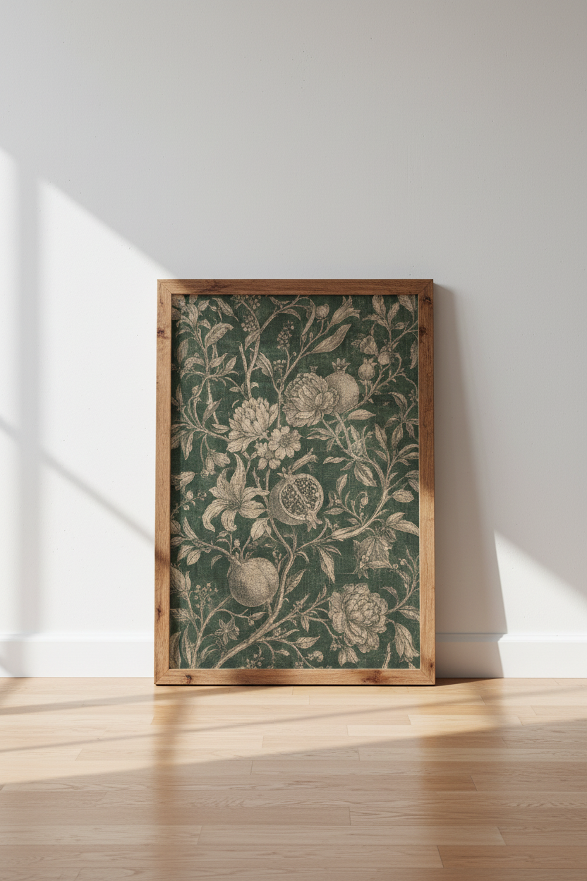 Dark Green Pomegranate Floral Wall Art | Vintage Botanical Decor | Dark Academia Poster