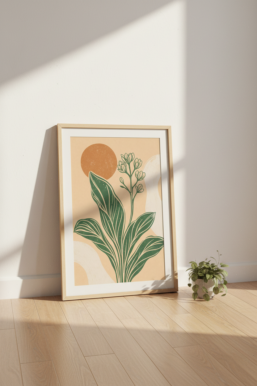 Abstract Botanical Sun Wall Art | Mid Century Boho Decor, Minimalist Floral Poster