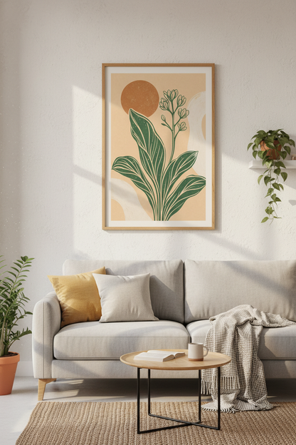 Abstract Botanical Sun Wall Art | Mid Century Boho Decor, Minimalist Floral Poster