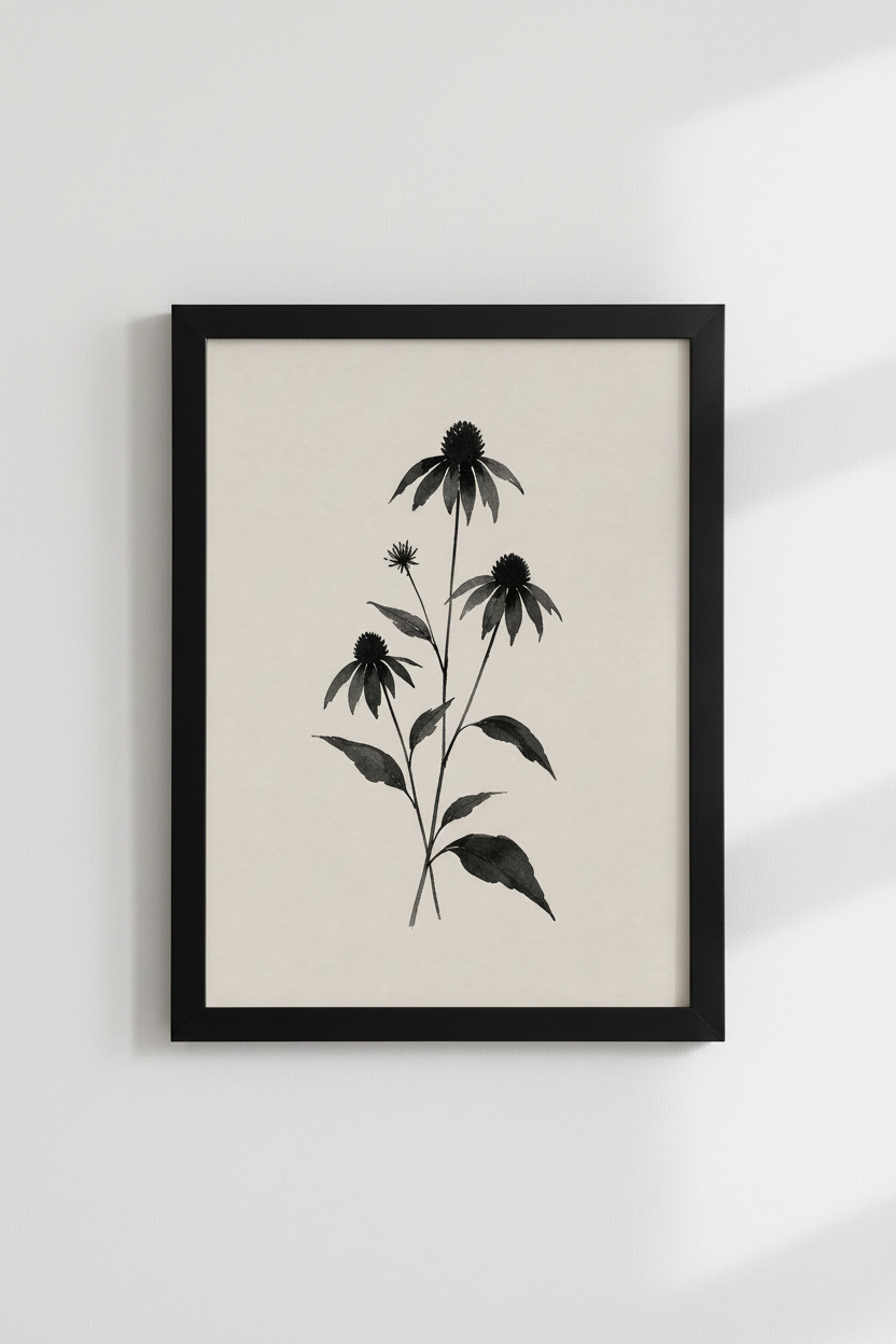 Black Echinacea Botanical Wall Art | Minimalist Ink Poster, Zen Bedroom Decor