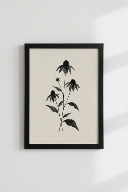 Black Echinacea Botanical Wall Art | Minimalist Ink Poster, Zen Bedroom Decor