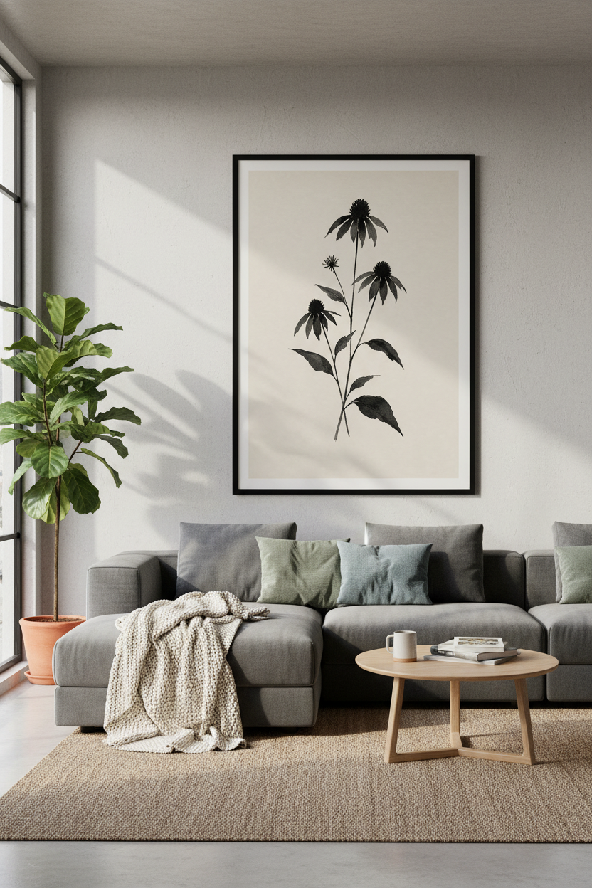 Black Echinacea Botanical Wall Art | Minimalist Ink Poster, Zen Bedroom Decor