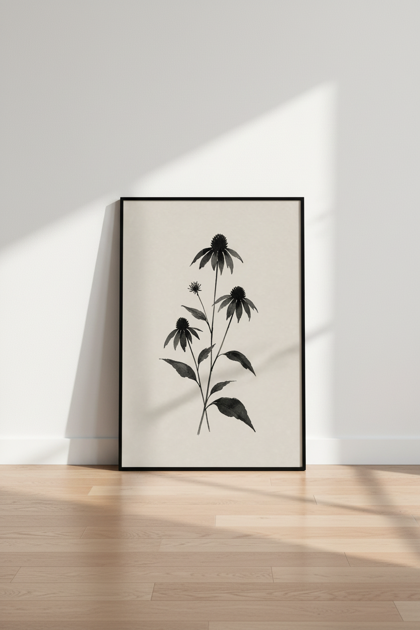 Black Echinacea Botanical Wall Art | Minimalist Ink Poster, Zen Bedroom Decor