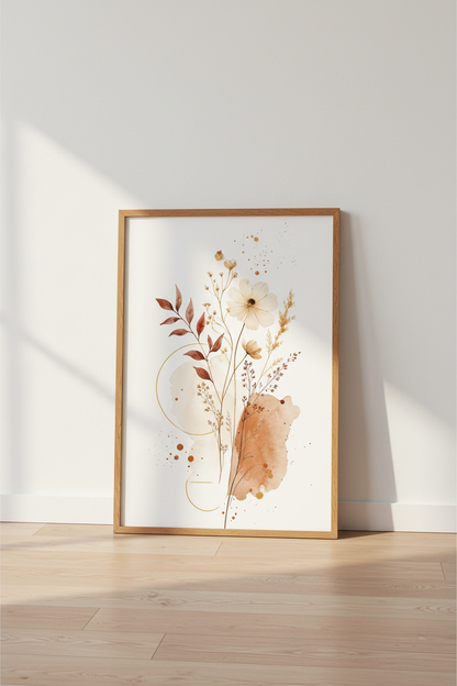 Wildflower Watercolor Print | Terracotta &amp; Gold Boho Decor | Neutral Botanical Poster