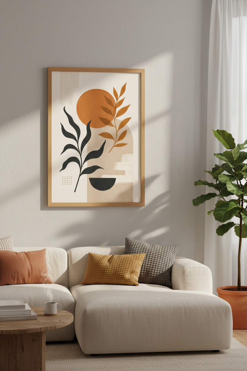 Abstract Botanical Wall Art | Boho Terracotta &amp; Charcoal Print, Modern Living Room Decor
