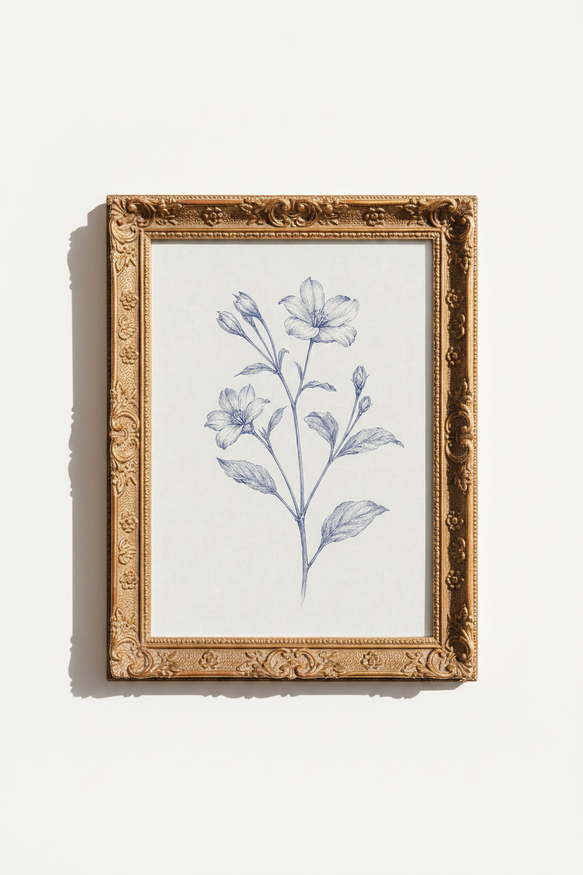 Blue Botanical Line Wall Art Print | Living Room Decor | Minimalist Poster