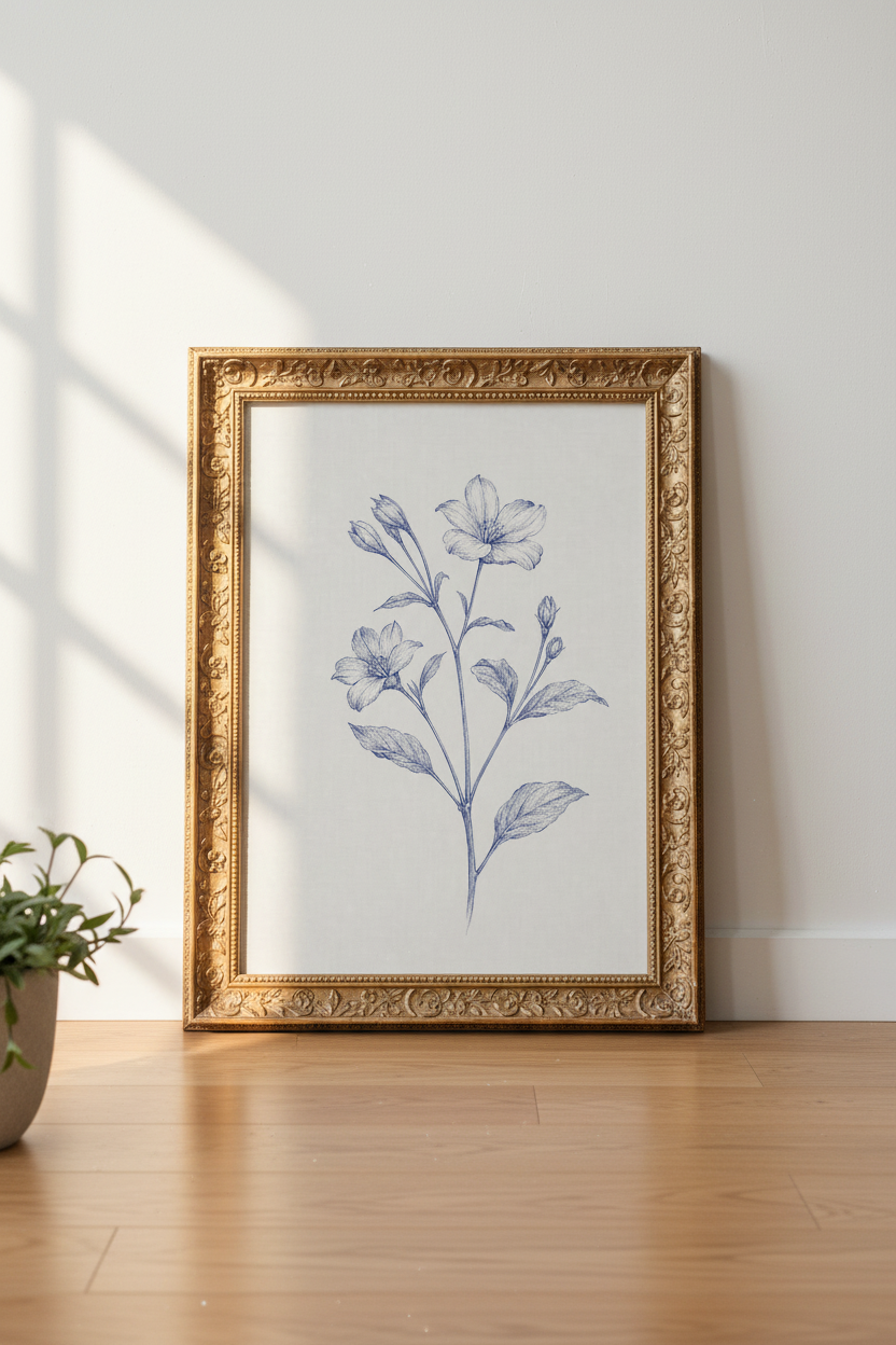 Blue Botanical Line Wall Art Print | Living Room Decor | Minimalist Poster