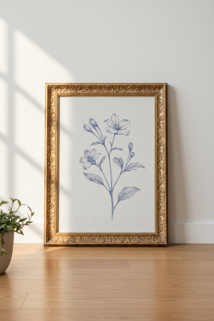 Blue Botanical Line Wall Art Print | Living Room Decor | Minimalist Poster