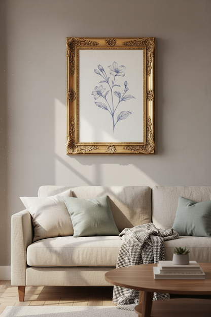 Blue Botanical Line Wall Art Print | Living Room Decor | Minimalist Poster