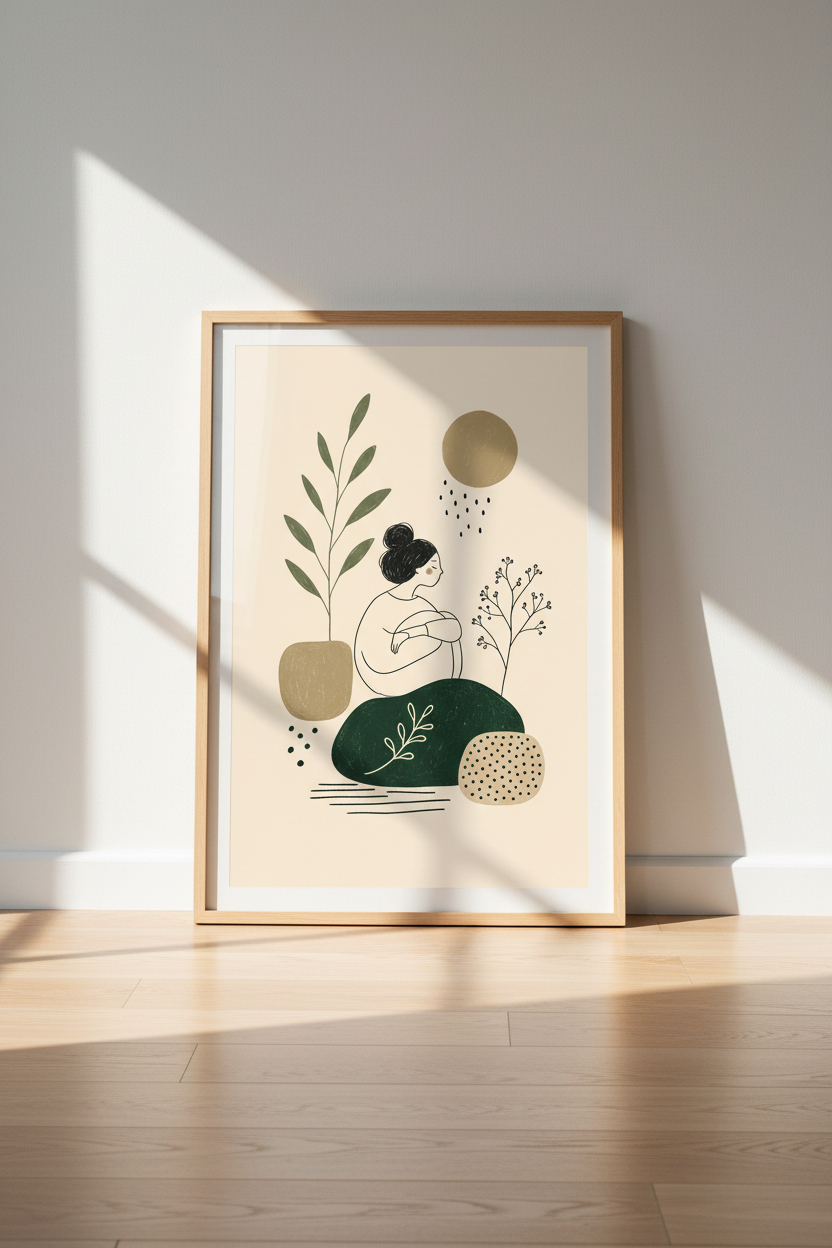 Boho Woman Botanical Wall Art | Earthy Sage Green Decor | Minimalist Poster