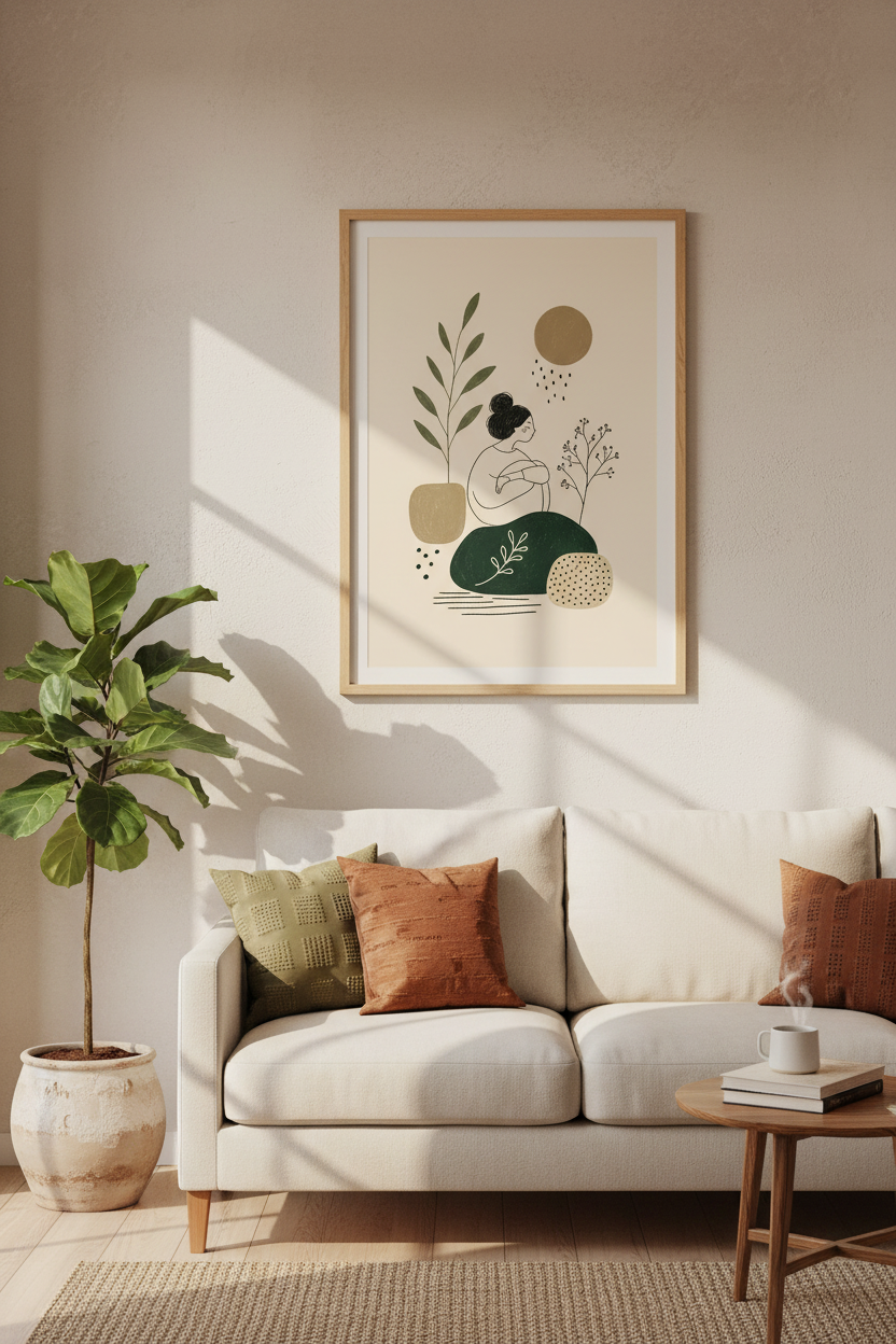 Boho Woman Botanical Wall Art | Earthy Sage Green Decor | Minimalist Poster