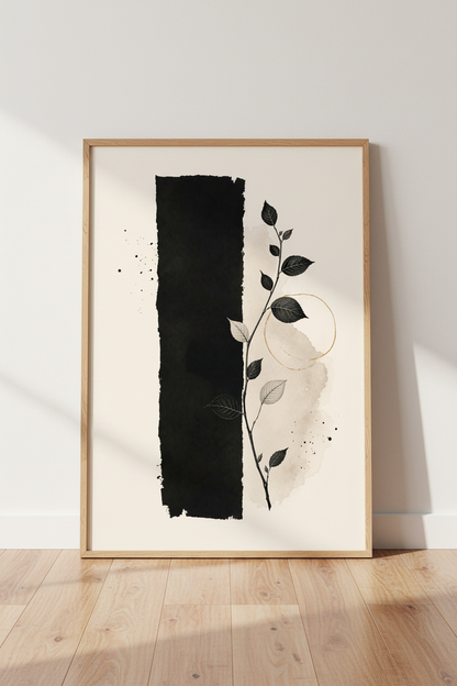 Minimalist Botanical Leaf Print | Japandi Black &amp; Beige Decor | Modern Abstract Poster
