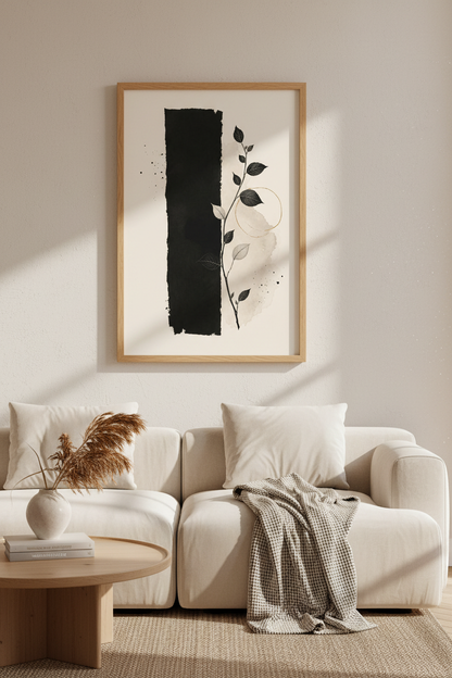 Minimalist Botanical Leaf Print | Japandi Black &amp; Beige Decor | Modern Abstract Poster