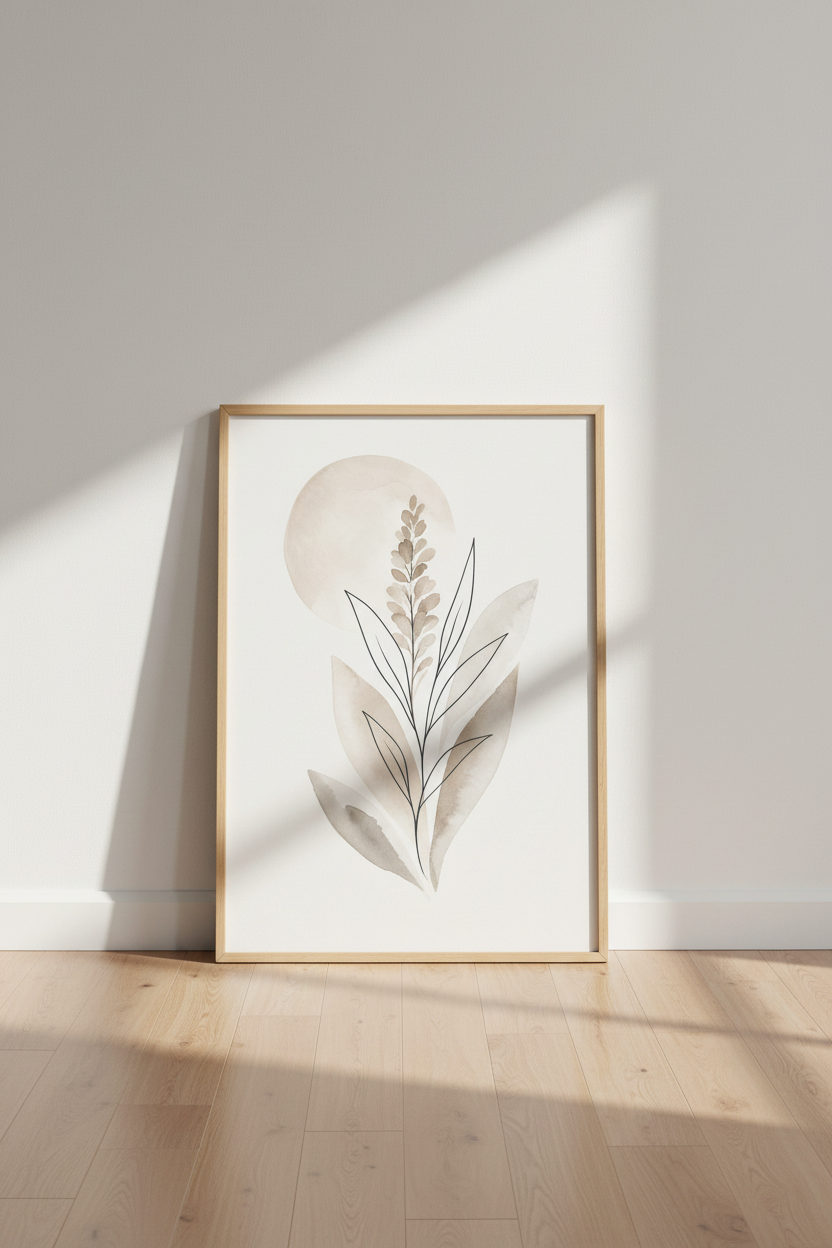 Boho Botanical Watercolor | Minimalist Neutral Beige Floral, Bedroom Wall Art