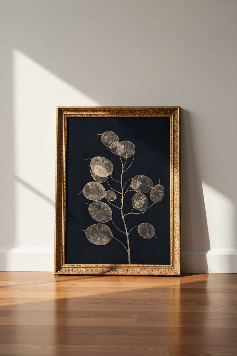 Eucalyptus Wall Art | Minimal Beige on Navy, Living Room Decor | Modern Poster