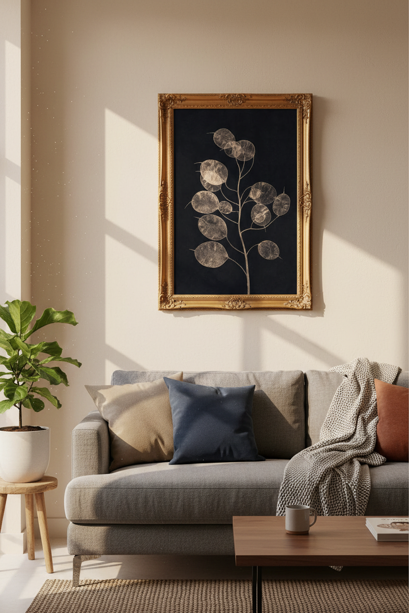 Eucalyptus Wall Art | Minimal Beige on Navy, Living Room Decor | Modern Poster