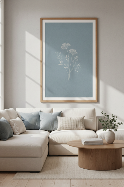 Botanical Wildflower Art | Minimalist Blue &amp; White Floral, Bedroom Wall Decor