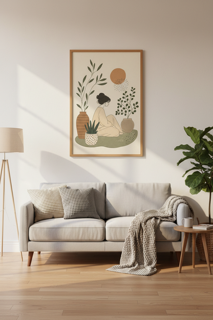 Minimalist Woman &amp; Plants Wall Art | Boho Botanical Print, Earthy Bedroom Decor
