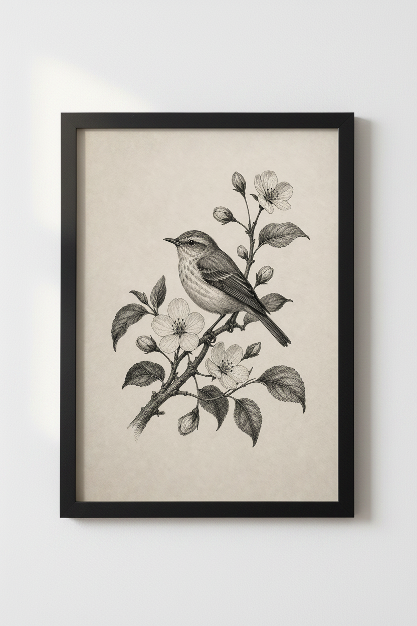 Vintage Bird &amp; Blossom Sketch | Ink Botanical Wall Art, Farmhouse Decor Poster