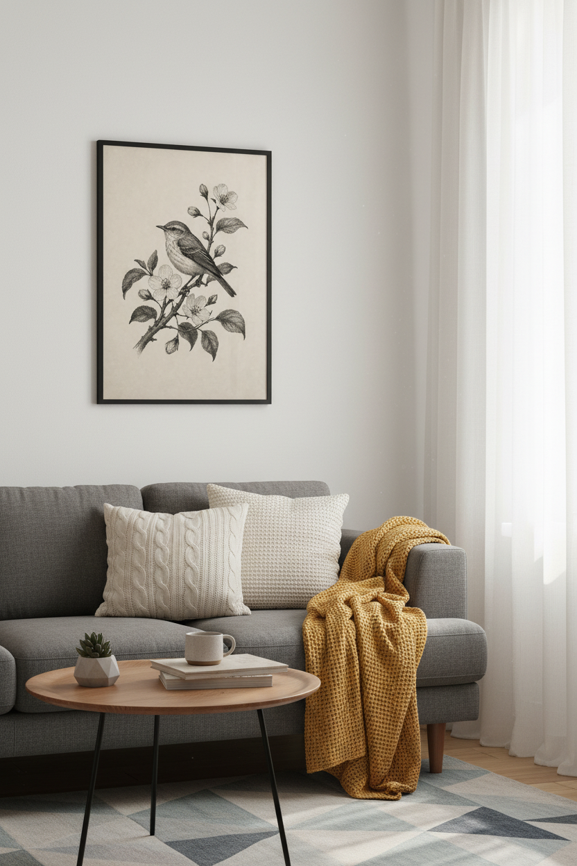Vintage Bird &amp; Blossom Sketch | Ink Botanical Wall Art, Farmhouse Decor Poster
