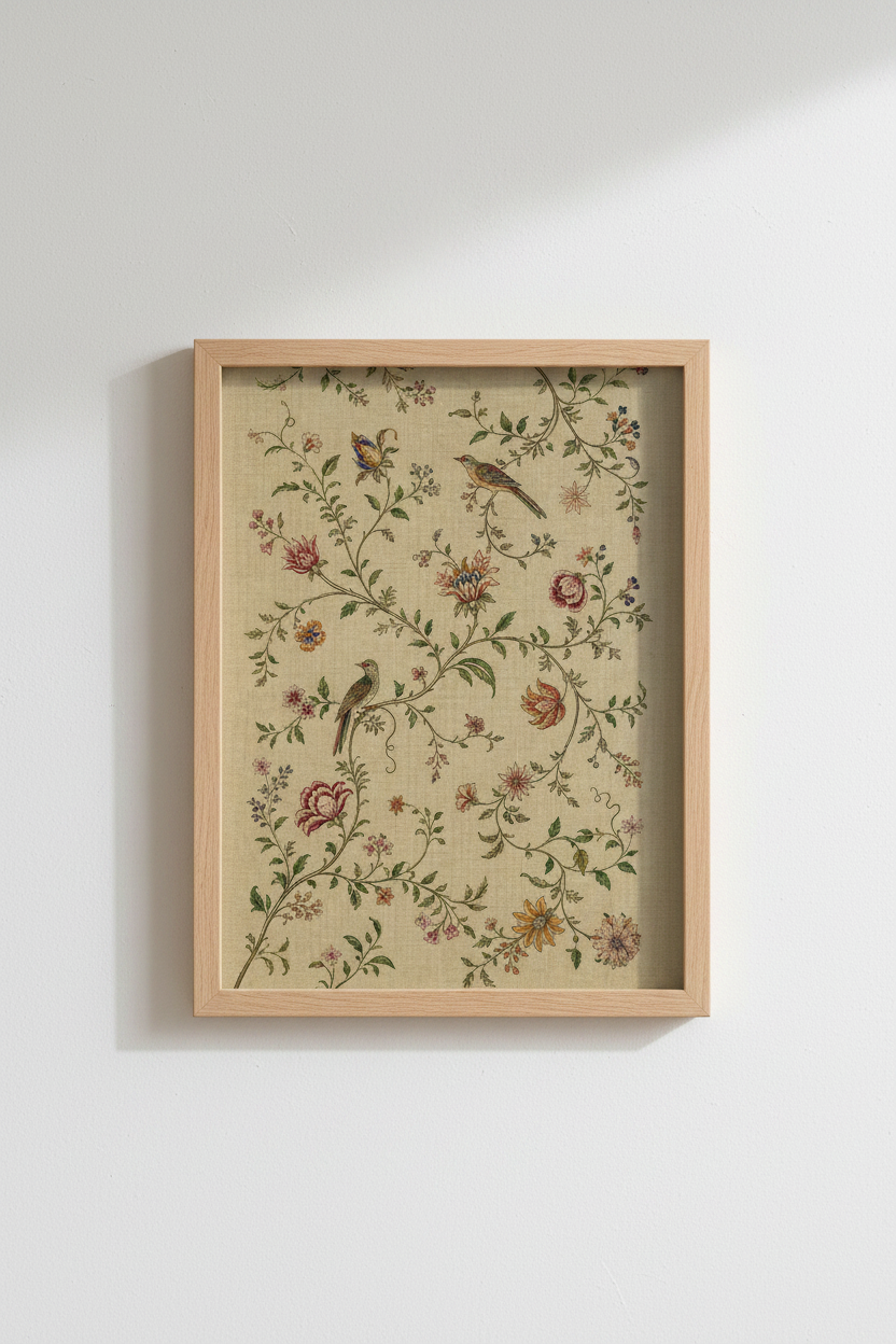 Chintz Floral Wall Art Print | Vintage Bird Botanical Decor, Antique Beige Poster