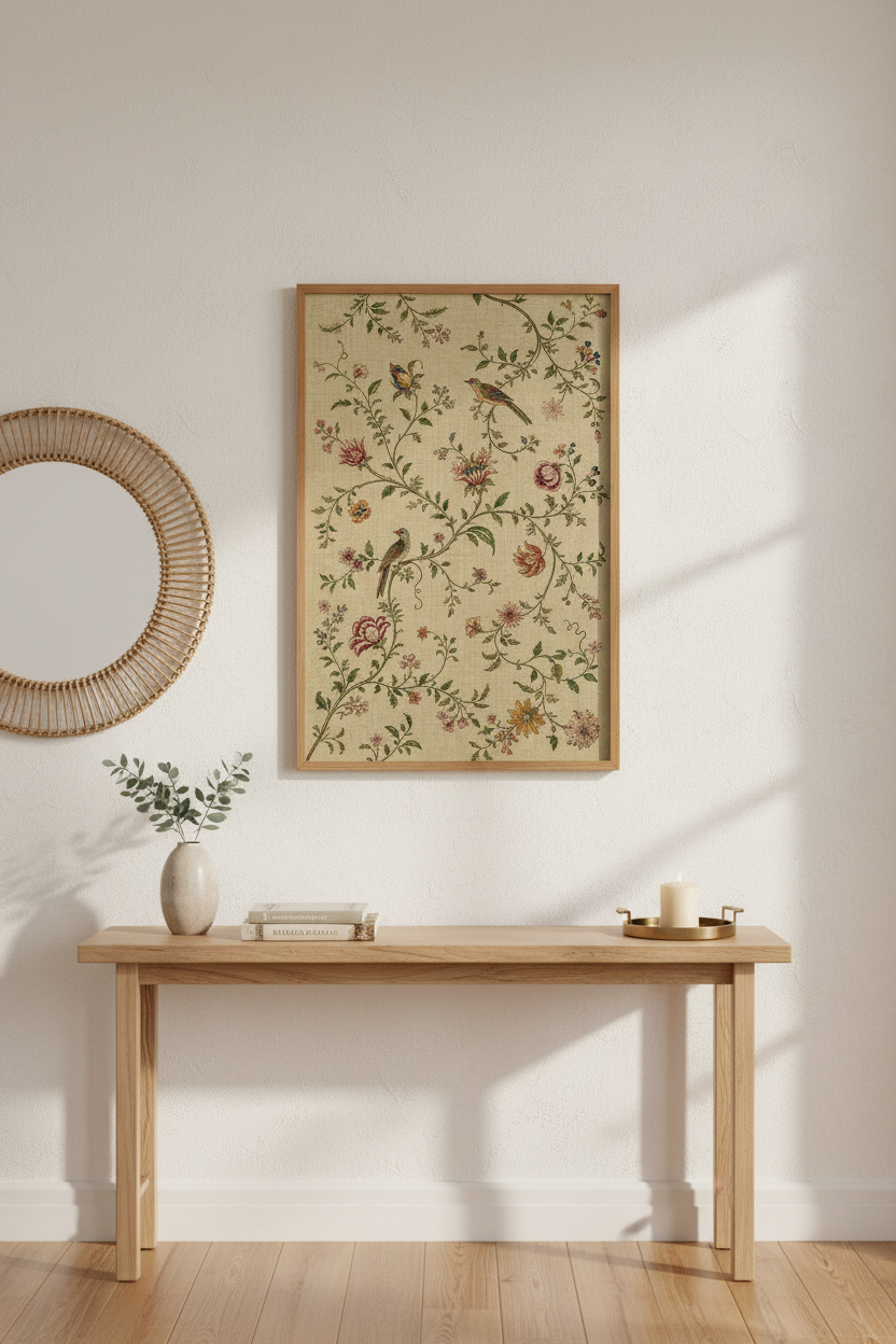 Chintz Floral Wall Art Print | Vintage Bird Botanical Decor, Antique Beige Poster