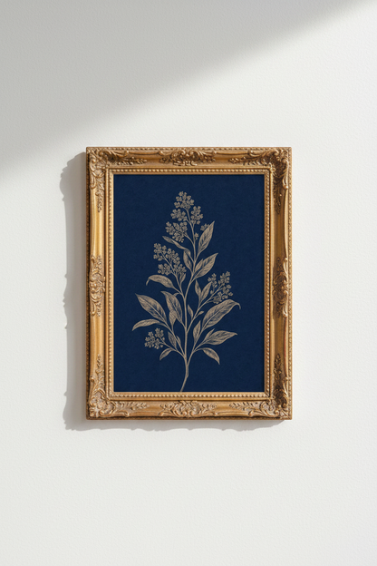 navy botanical print | Minimalist line art, deep blue | Living room decor